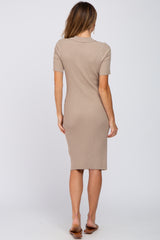 Beige Ribbed Fitted Collared Dress