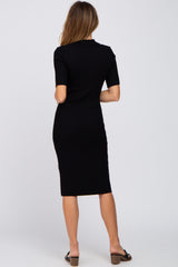 Black Ribbed Fitted Collared Dress