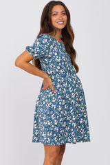 Blue Floral Puff Short Sleeve Maternity Babydoll Dress