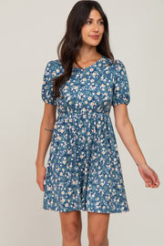 Blue Floral Puff Short Sleeve Babydoll Dress