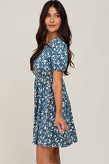 Blue Floral Puff Short Sleeve Babydoll Dress