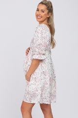 Ivory Floral Square Neck 3/4 Ruffle Sleeve Maternity Dress