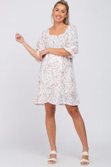 Ivory Floral Square Neck 3/4 Ruffle Sleeve Maternity Dress