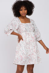 Ivory Floral Square Neck 3/4 Ruffle Sleeve Maternity Dress