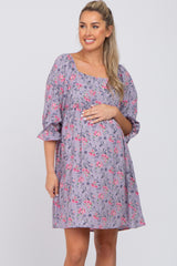 Lavender Floral Paisley Square Neck 3/4 Ruffle Sleeve Maternity Dress