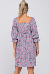 Lavender Floral Paisley Square Neck 3/4 Ruffle Sleeve Maternity Dress