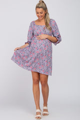 Lavender Floral Paisley Square Neck 3/4 Ruffle Sleeve Maternity Dress