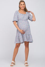 Lavender Floral Square Neck Ruffle Hem Maternity Dress