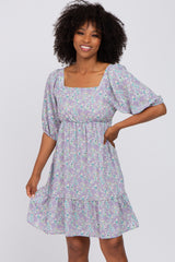 Lavender Floral Square Neck Ruffle Hem Dress