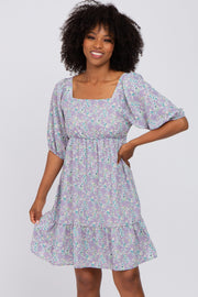 Lavender Floral Square Neck Ruffle Hem Dress