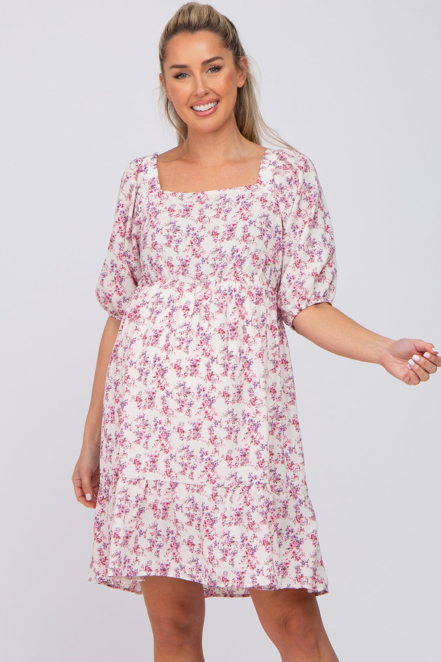 Ivory Floral Square Neck Ruffle Hem Maternity Dress– PinkBlush