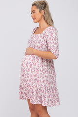 Ivory Floral Square Neck Ruffle Hem Maternity Dress