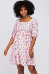 Ivory Floral Square Neck Ruffle Hem Maternity Dress