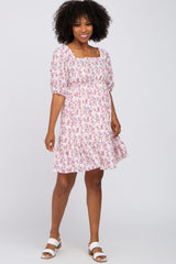 Ivory Floral Square Neck Ruffle Hem Dress