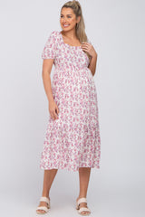 Ivory Floral Square Neck Ruffle Hem Maternity Midi Dress