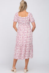 Ivory Floral Square Neck Ruffle Hem Maternity Midi Dress