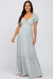 Mint Green Floral V-Neck Puff Sleeve Maternity Maxi Dress