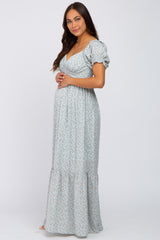 Mint Green Floral V-Neck Puff Sleeve Maternity Maxi Dress