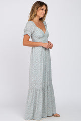 Mint Green Floral V-Neck Puff Sleeve Maxi Dress