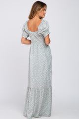 Mint Green Floral V-Neck Puff Sleeve Maxi Dress