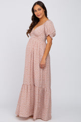 Mauve Floral V-Neck Puff Sleeve Maternity Maxi Dress