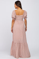 Mauve Floral V-Neck Puff Sleeve Maternity Maxi Dress