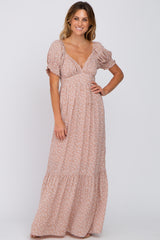 Mauve Floral V-Neck Puff Sleeve Maxi Dress