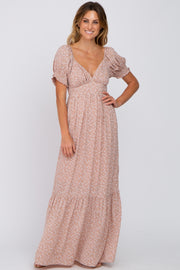 Mauve Floral V-Neck Puff Sleeve Maxi Dress