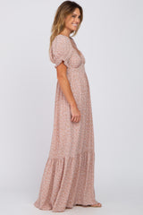 Mauve Floral V-Neck Puff Sleeve Maxi Dress