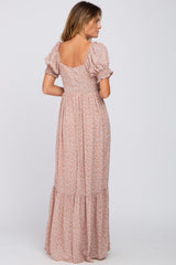 Mauve Floral V-Neck Puff Sleeve Maxi Dress