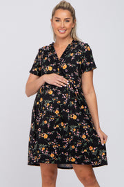 Black Floral Ruffle Wrap Front Short Sleeve Maternity Dress