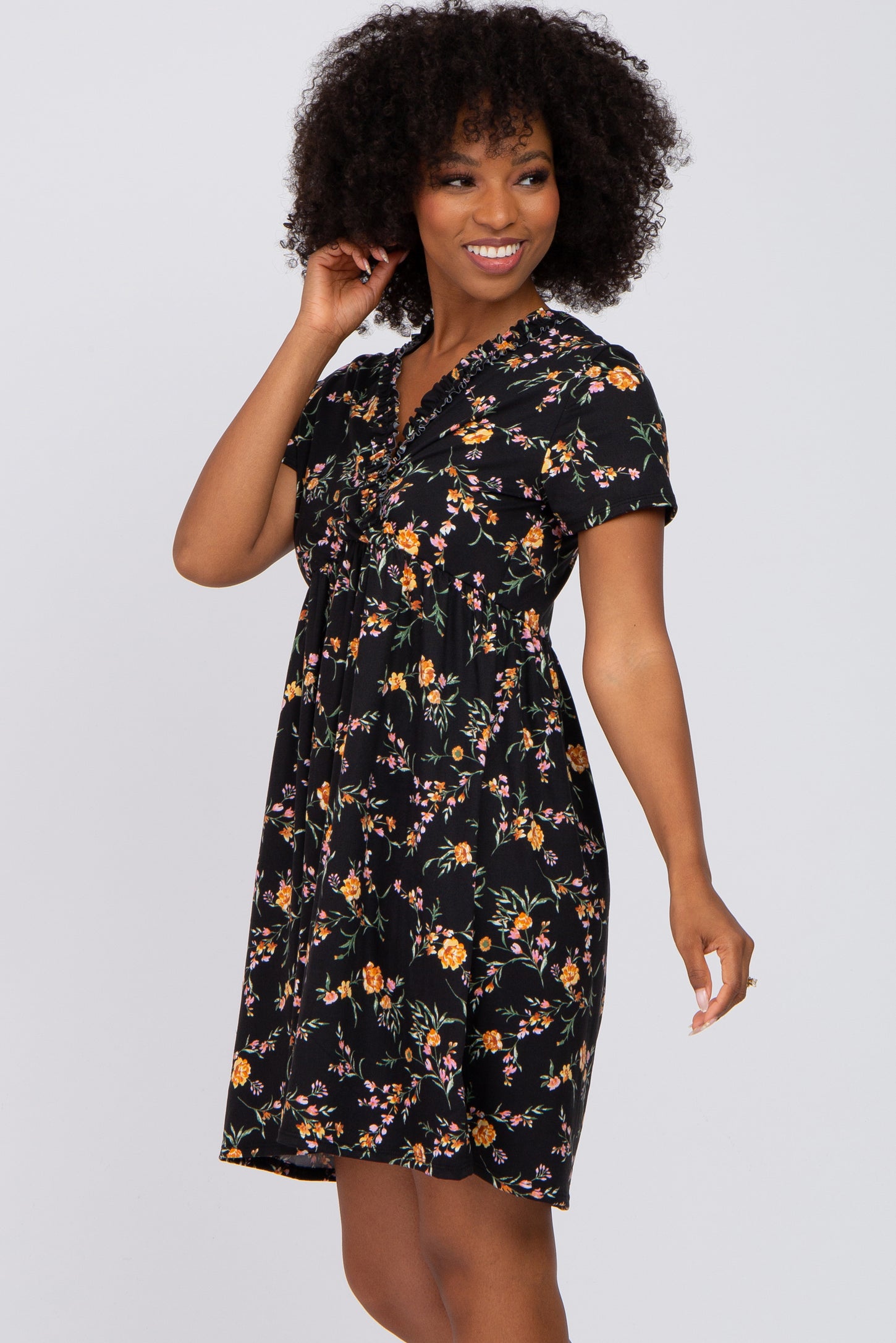 Black Floral Ruffle Wrap Front Short Sleeve Dress – PinkBlush