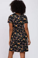 Black Floral Ruffle Wrap Front Short Sleeve Dress