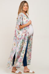 Light Blue Floral Side Slit Maternity Cover-Up