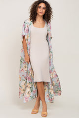 Light Blue Floral Side Slit Maternity Cover-Up