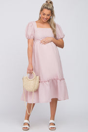 Light Pink Striped Puff Sleeve Maternity Midi Dress