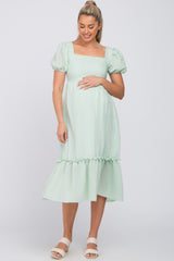 Mint Green Striped Puff Sleeve Maternity Midi Dress