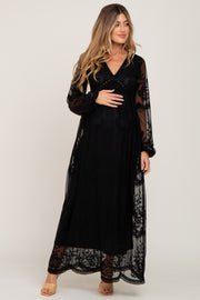 PinkBlush Black Lace Mesh Overlay Long Sleeve Maternity Maxi Dress