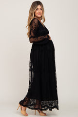 PinkBlush Black Lace Mesh Overlay Long Sleeve Maternity Maxi Dress