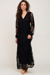 PinkBlush Black Lace Mesh Overlay Long Sleeve Maternity Maxi Dress