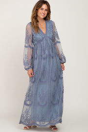 PinkBlush Blue Grey Lace Mesh Overlay Long Sleeve Maxi Dress