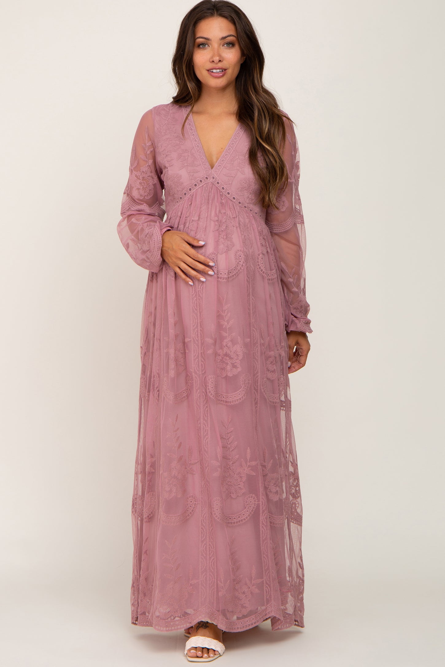 PinkBlush Plum Lace Mesh Overlay Maternity Maxi Dress