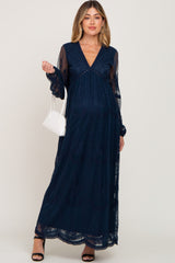 PinkBlush Navy Lace Mesh Overlay Long Sleeve Maternity Maxi Dress