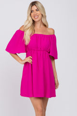 Fuchsia Off Shoulder Short Sleeve Maternity Dress