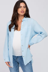 Light Blue Frayed Hem Button Down Maternity Top