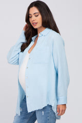 Light Blue Frayed Hem Button Down Maternity Top