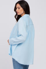 Light Blue Frayed Hem Button Down Maternity Top