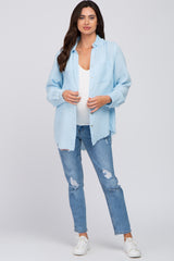 Light Blue Frayed Hem Button Down Maternity Top