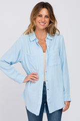 Light Blue Frayed Hem Button Down Maternity Top