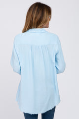 Light Blue Frayed Hem Button Down Top